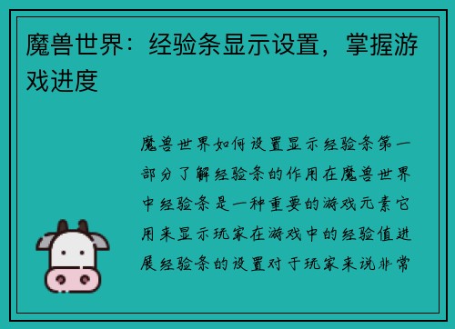 魔兽世界：经验条显示设置，掌握游戏进度